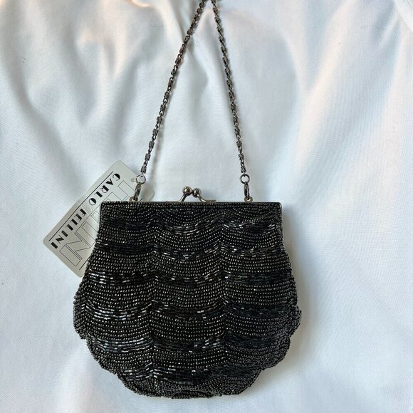 Carlo Fellini Black Formal Evening Bag Detailed Beadwork Clutch w  Chain NWT - Picture 1 of 12